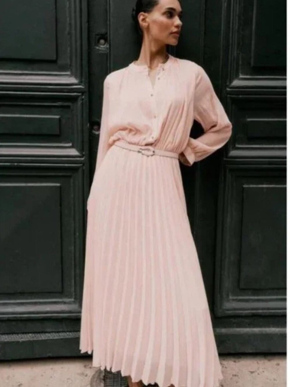 Zara Belted Pleated Midi Dress Long Sleeves Champagne Size S NWT